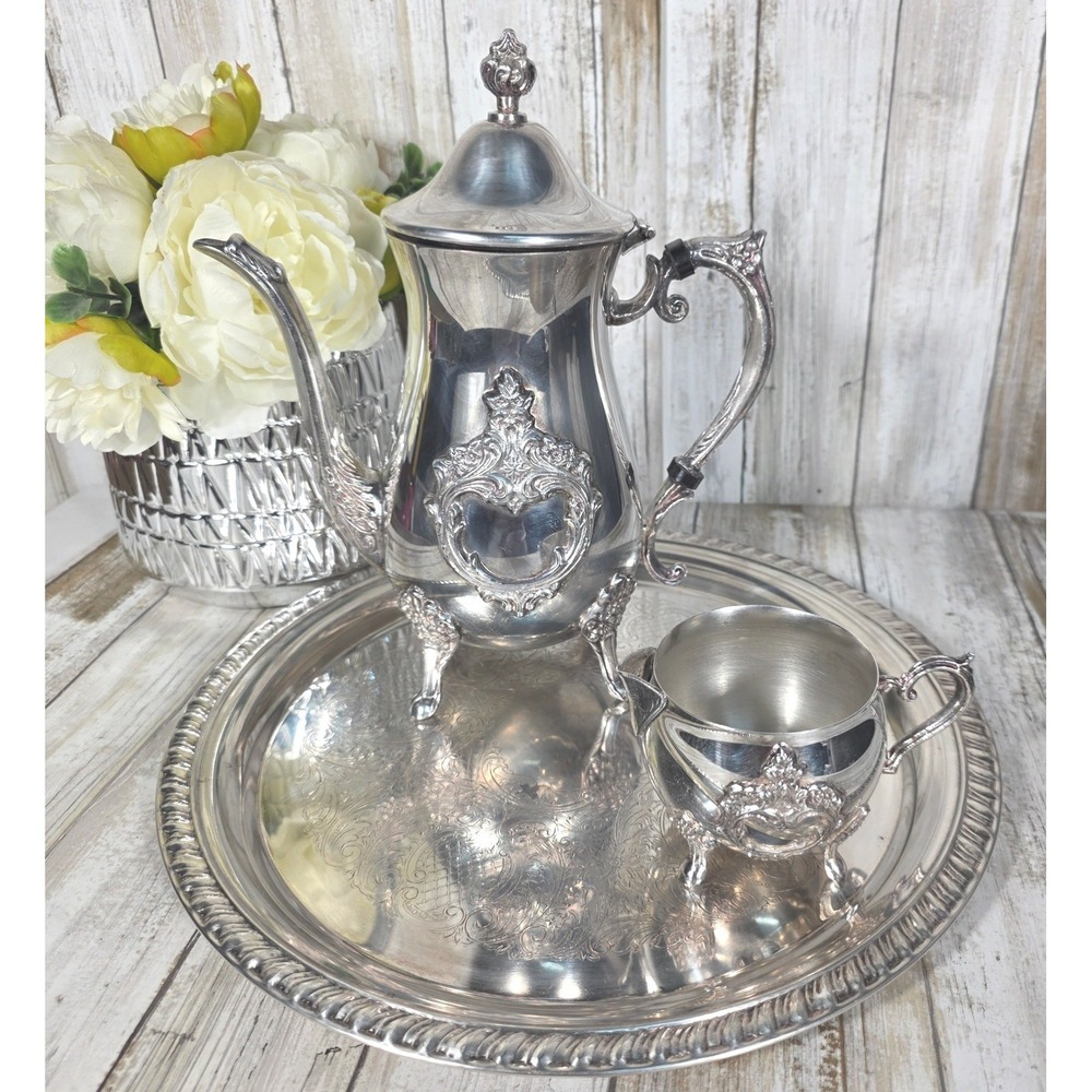 Leonard Silver Plated Tea Set 3pc Ornate Teapot Creamer and Etched Serving Tray - Picture 5 of 16
